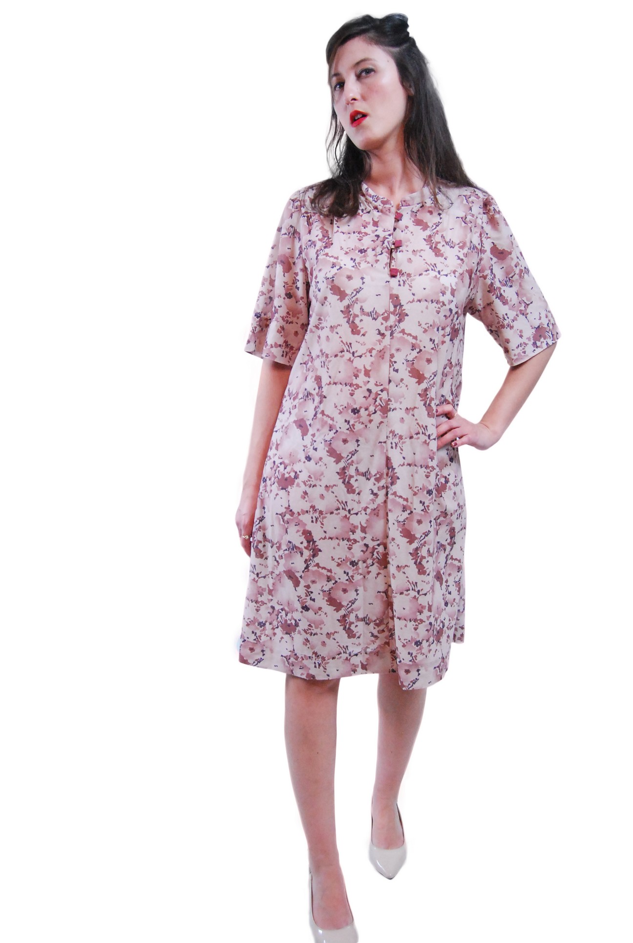 Light Brown And Purple Floral Vintage Dress For Women 1960s ...