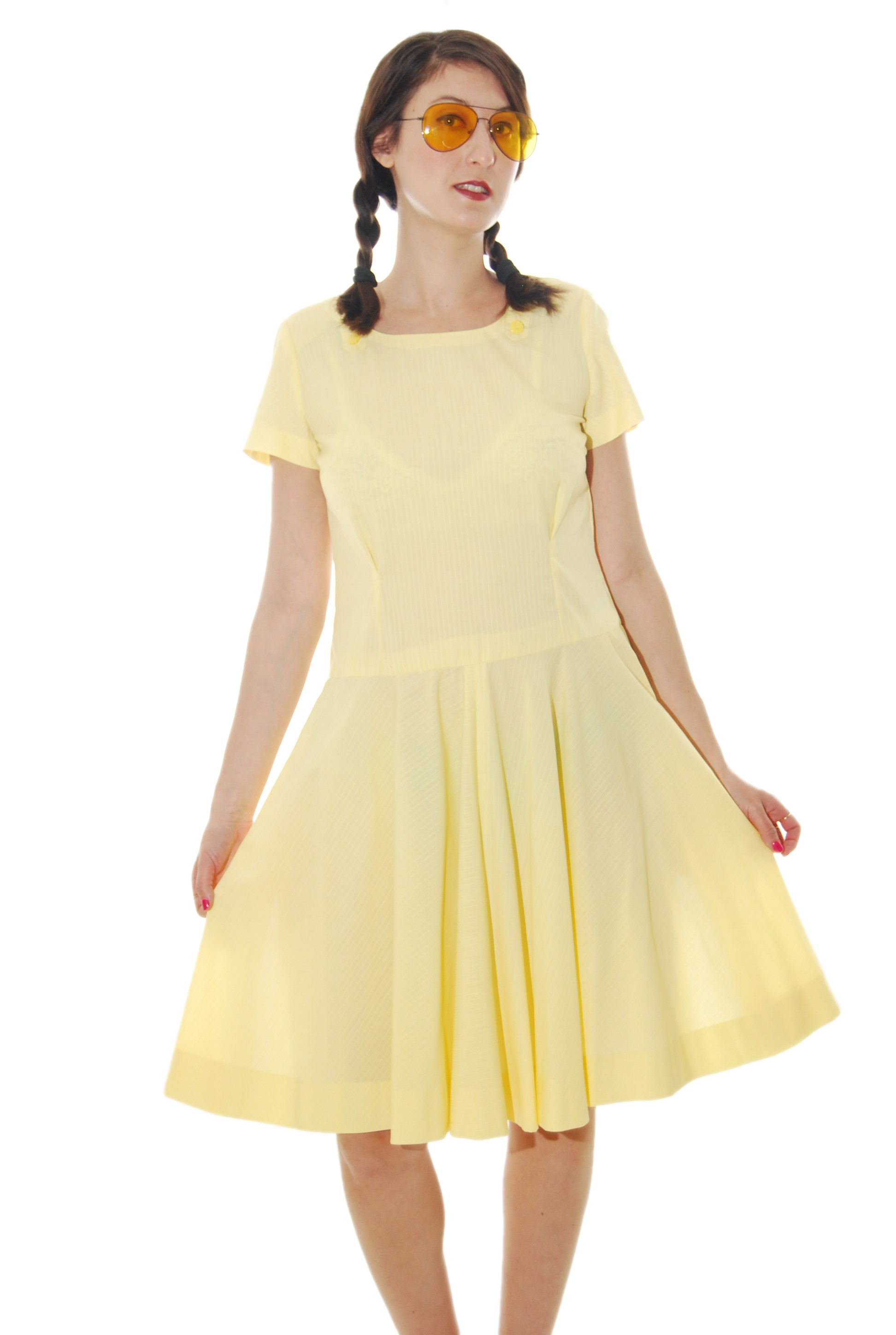 yellow feminine vintage dress for women 1970s  shpirulina