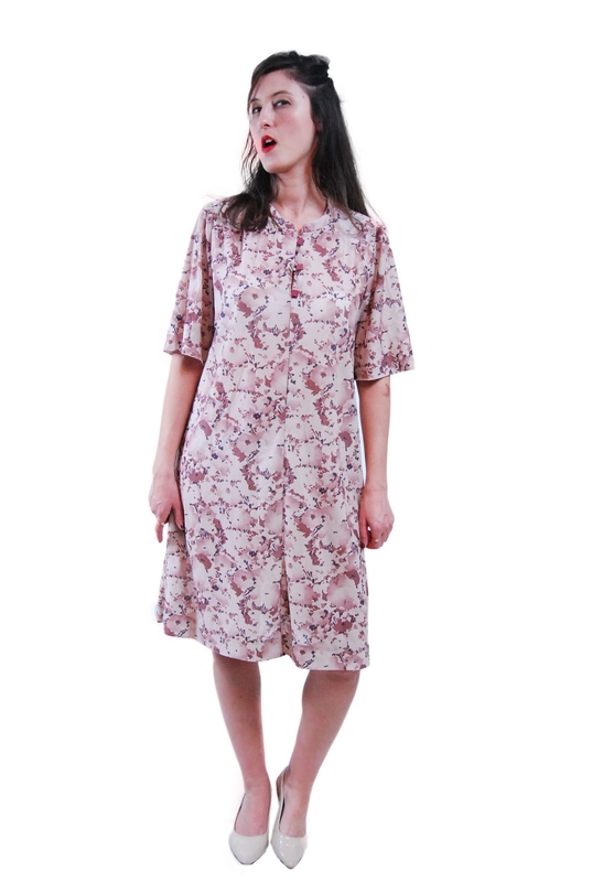 Light Brown And Purple Floral Vintage Dress For Women 1960s
