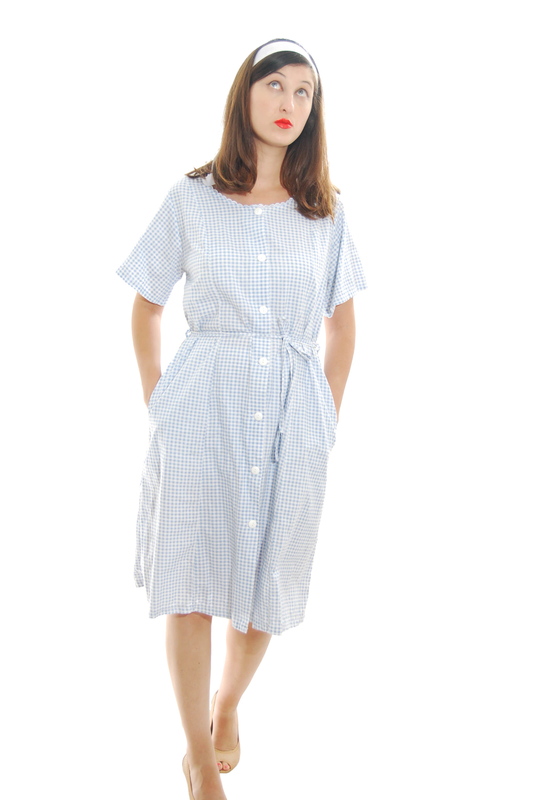 White And Light Blue Gingham Plaid Vintage Dress For Women 1960s
