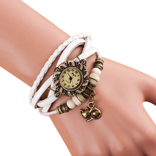 White Fashion Quartz Weave Around Leather Cat Bracelet Lady Woman Wrist Watch